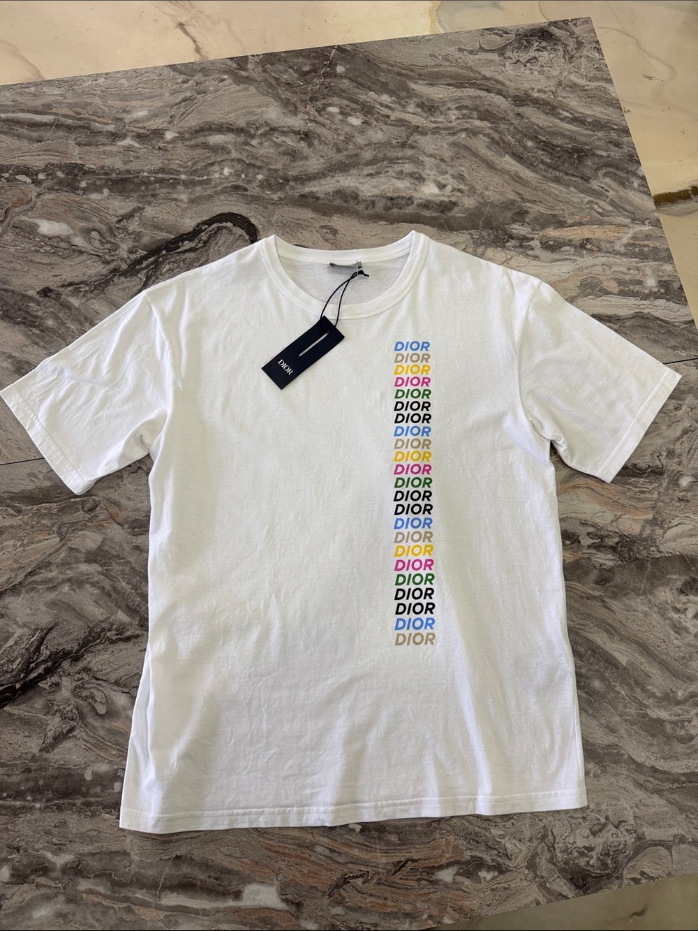 AUTHENTIC Dior White Short Sleeve T‑Shirt with Multicolor Vertical Logo UNWORN